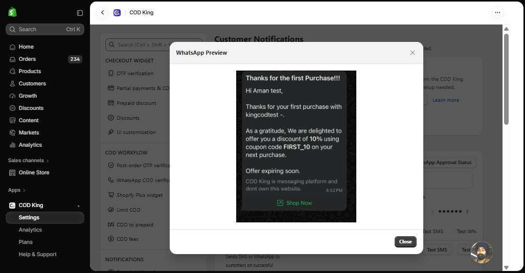 WhatsApp preview for First Time Purchase