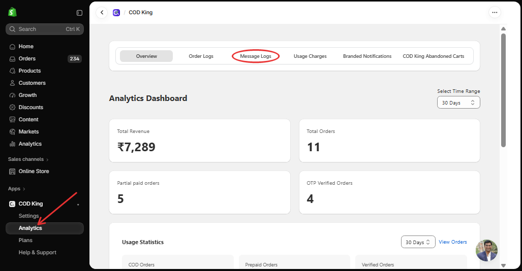 Message Logs tab in Analytics