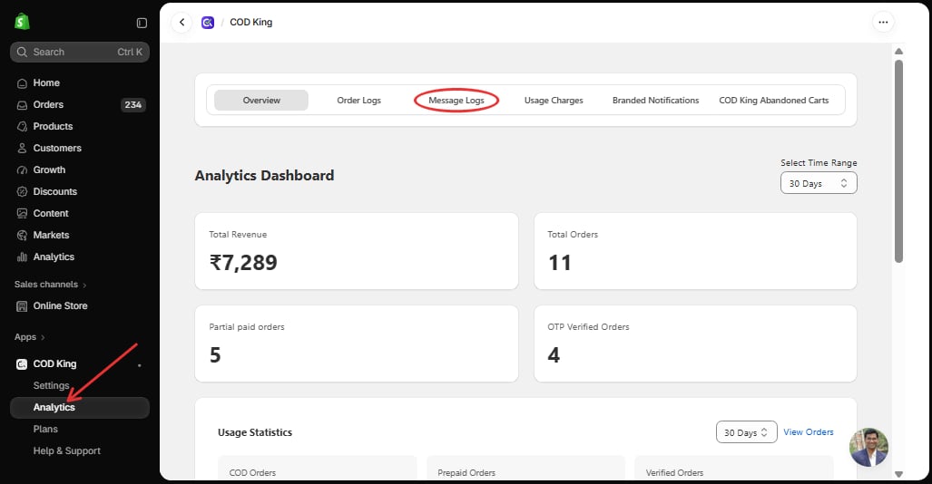 Message Logs tab in Analytics