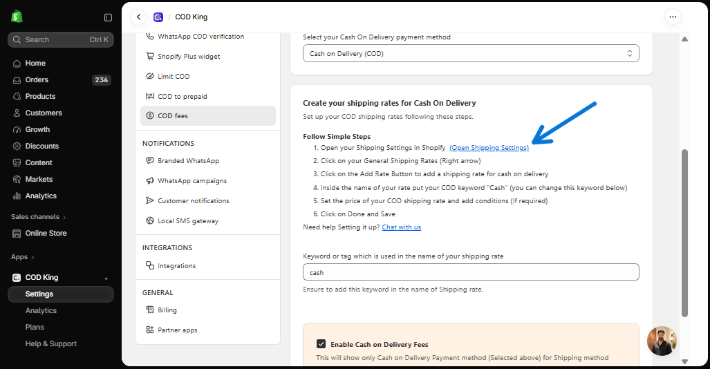 Open Shipping Settings