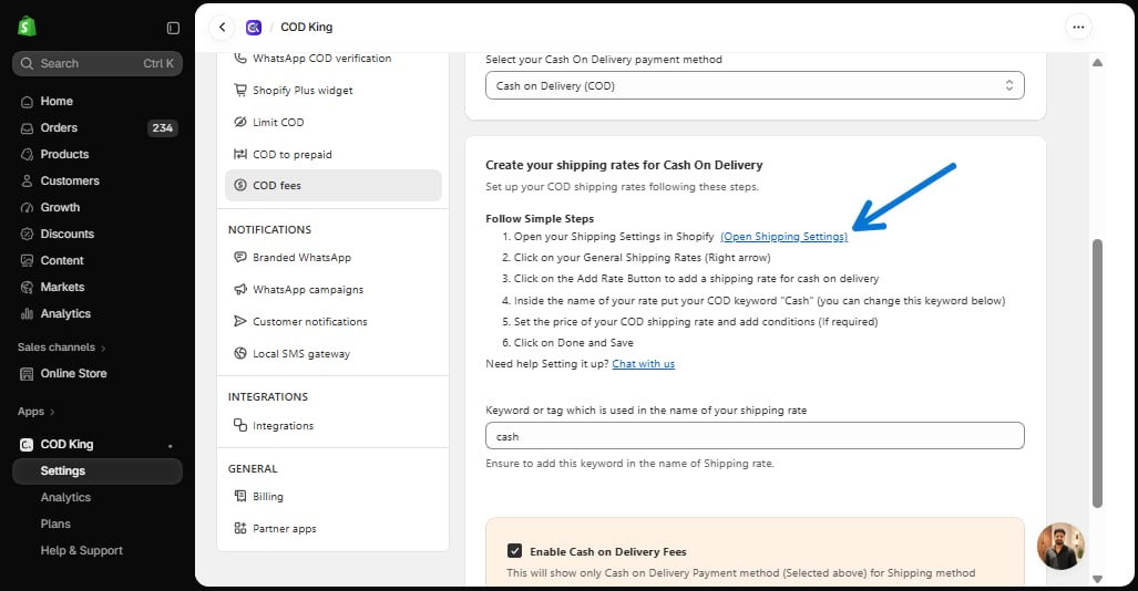Open Shipping Settings