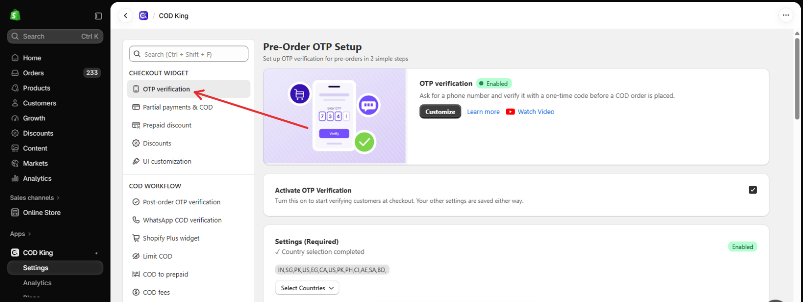 OTP verification in COD King Settings