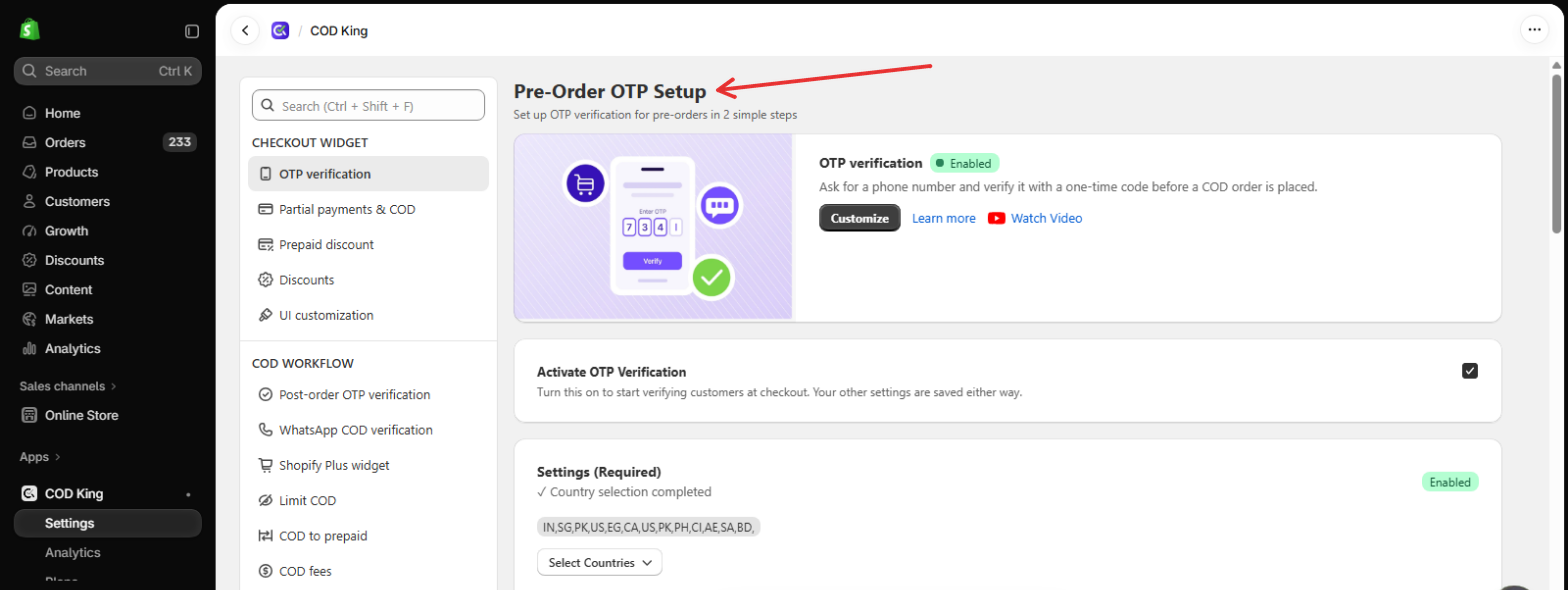 Pre-Order OTP Setup page