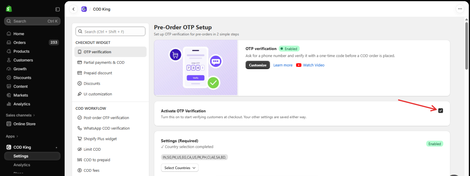 Activate OTP Verification checkbox