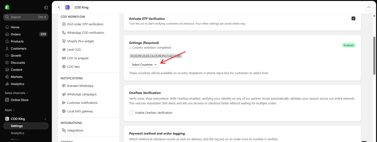 Select Countries under Settings (Required)