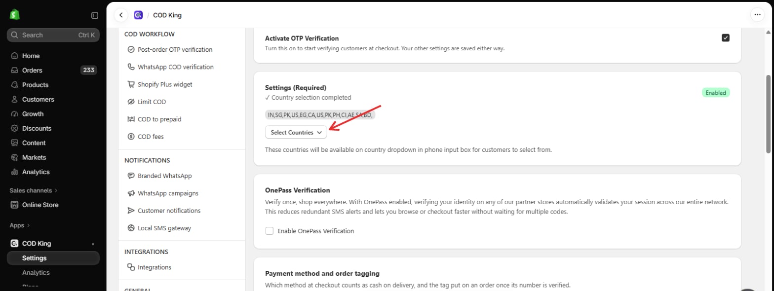 Select Countries under Settings (Required)
