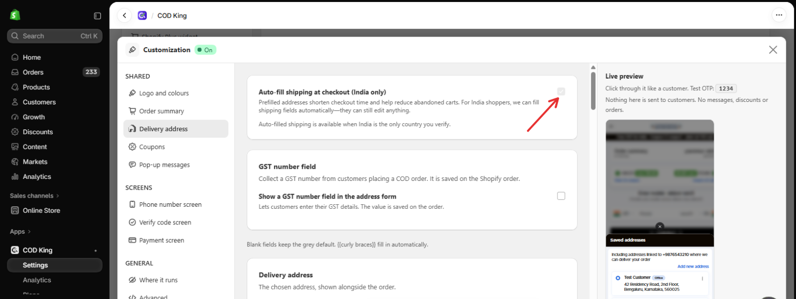 Auto-fill shipping at checkout (India only)