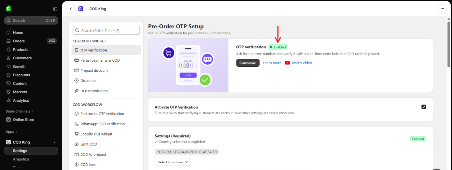 OTP verification Enabled status