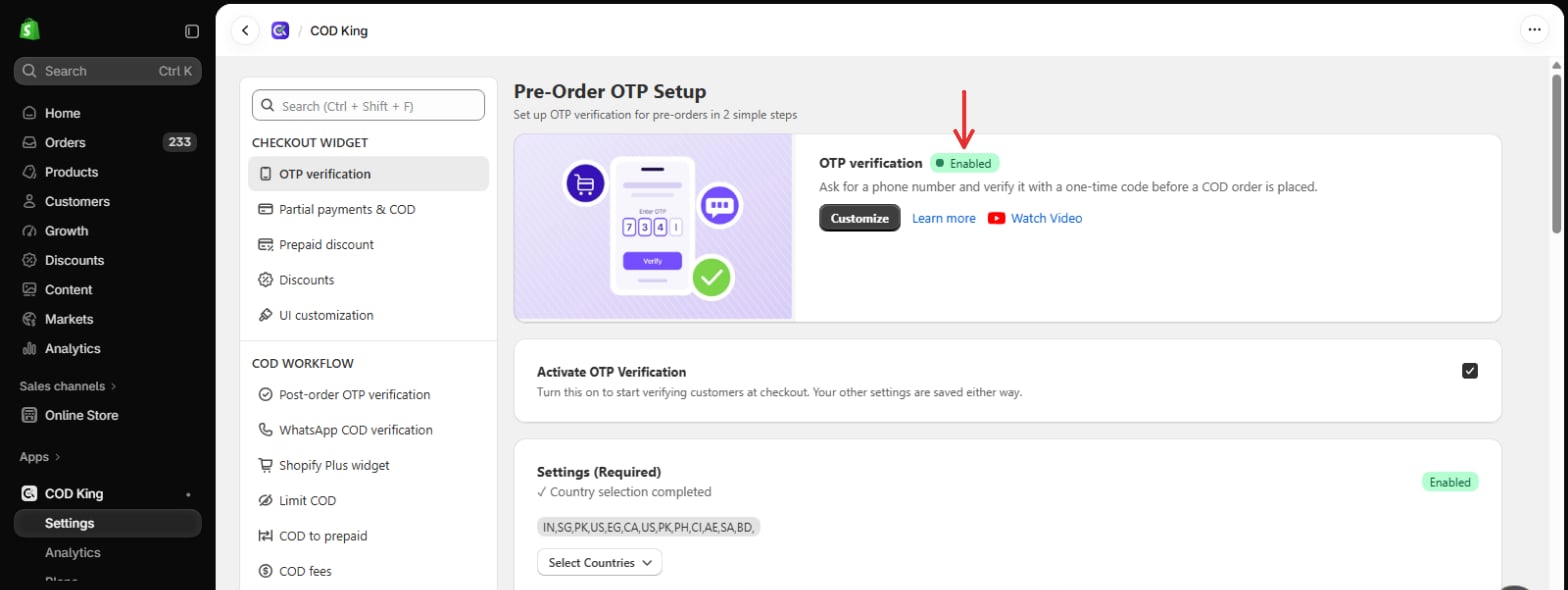 OTP verification Enabled status
