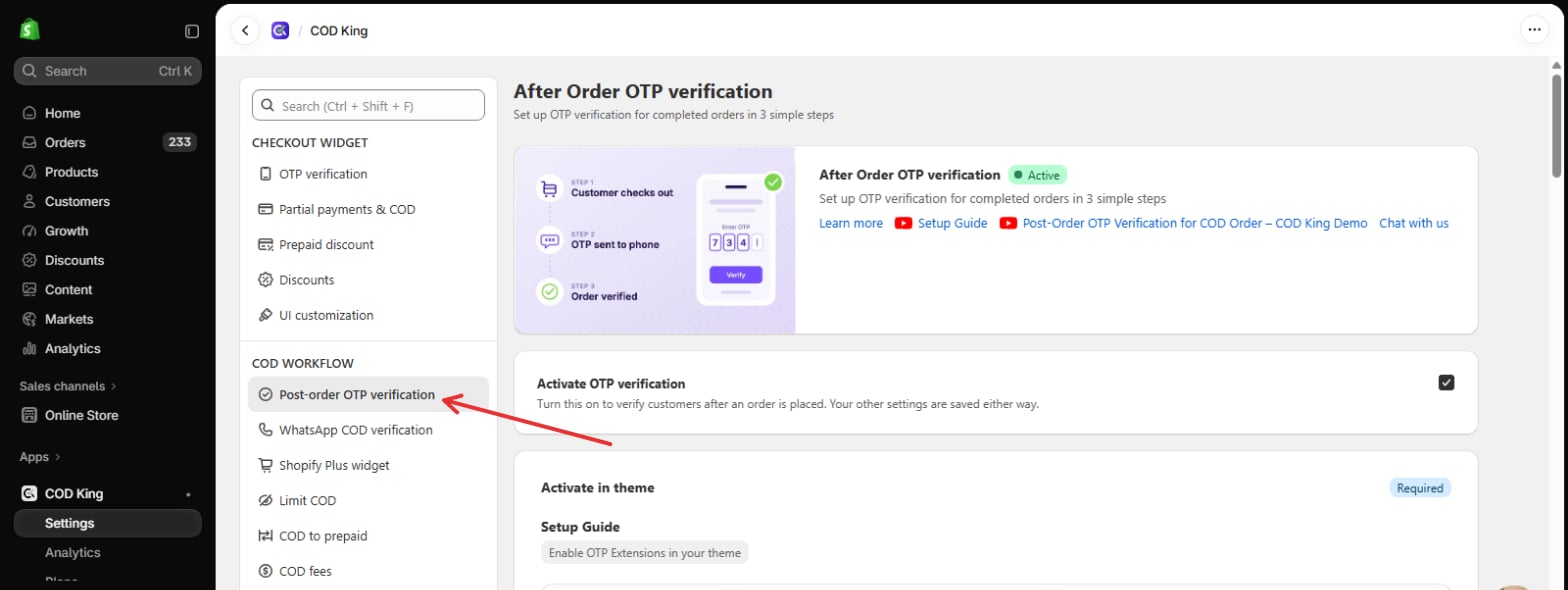 Post-order OTP verification in COD King Settings