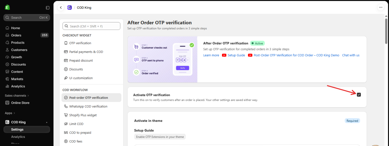 Activate OTP verification checkbox