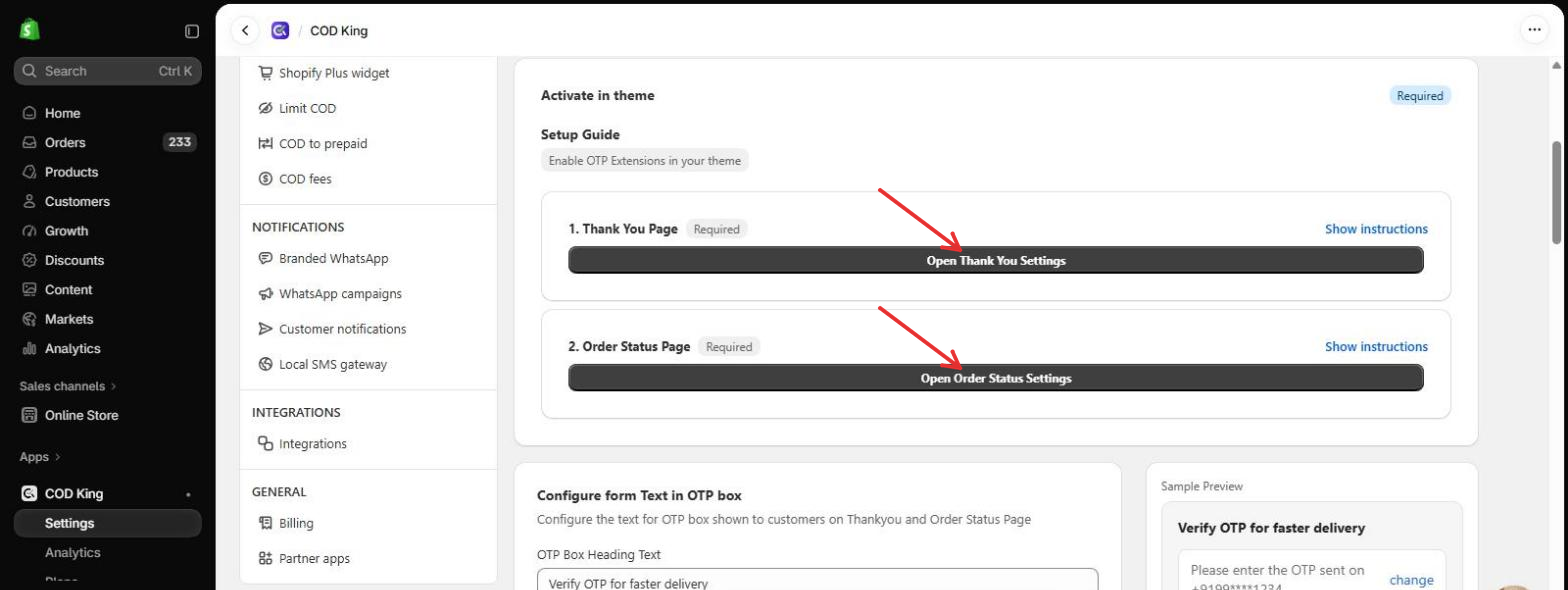 Open Thank You Settings and Open Order Status Settings