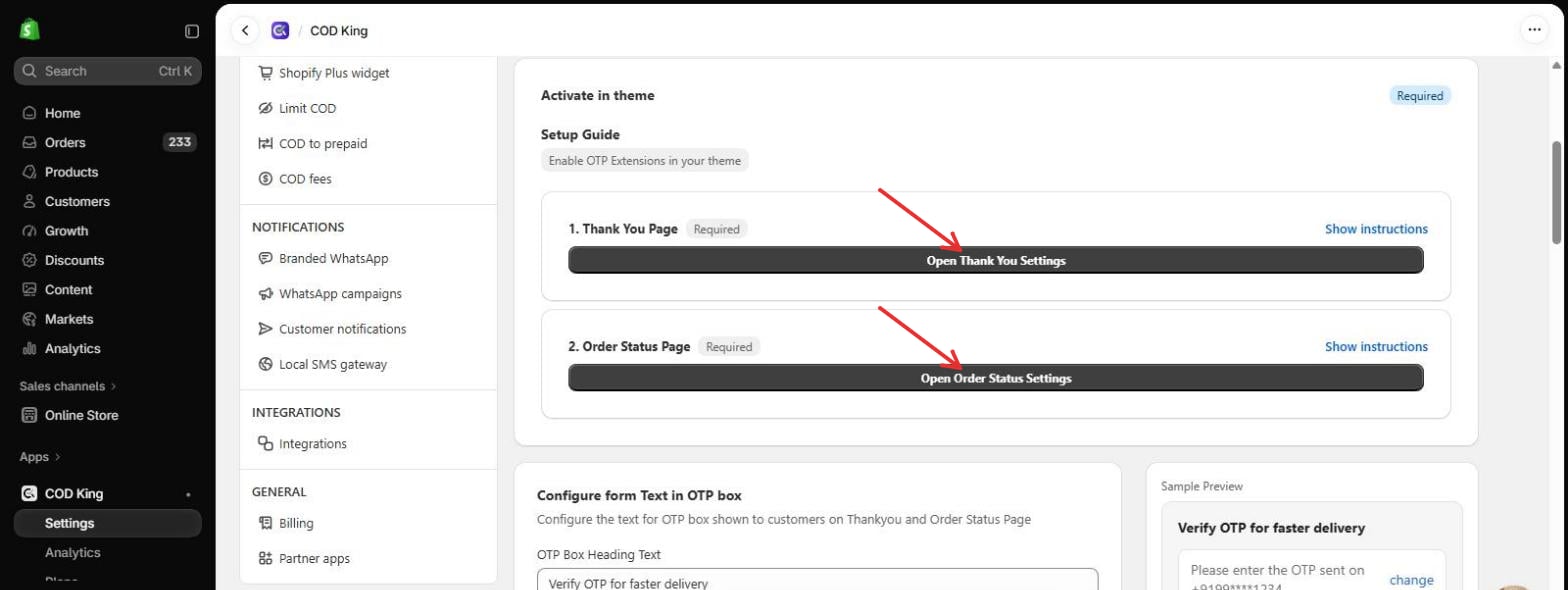 Open Thank You Settings and Open Order Status Settings