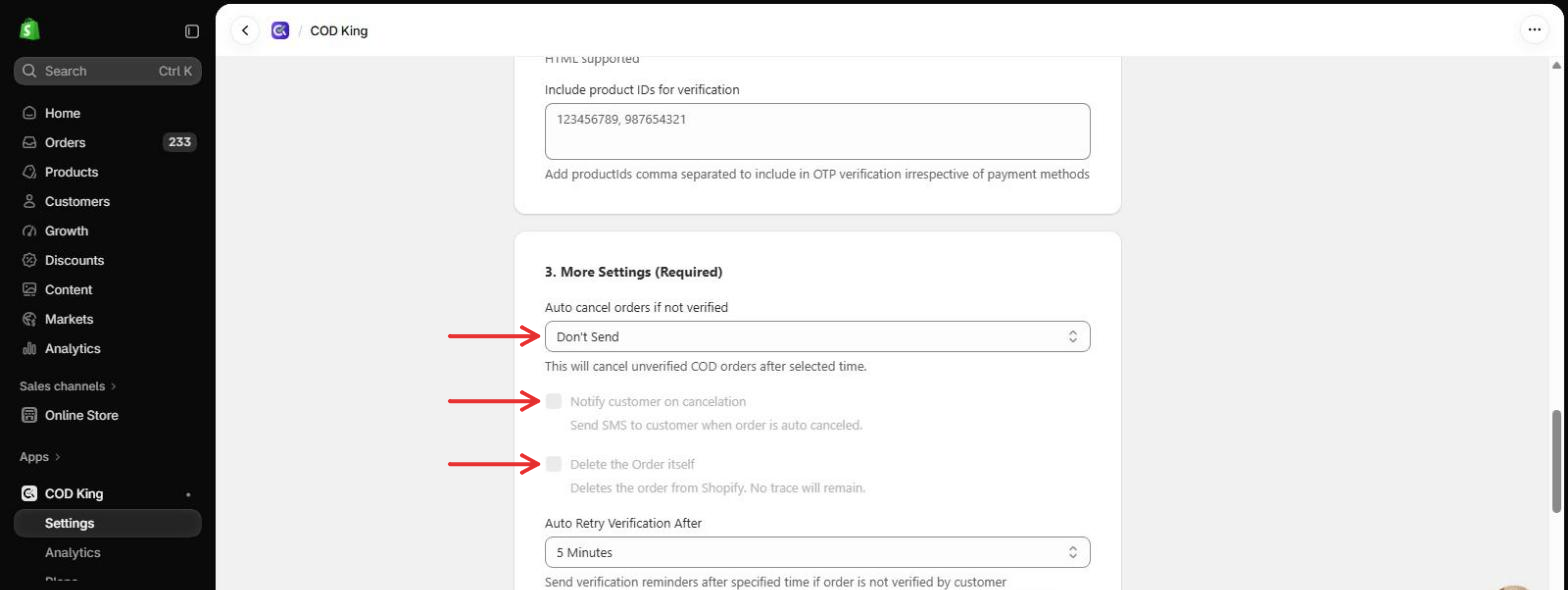 More Settings on the After Order OTP verification page