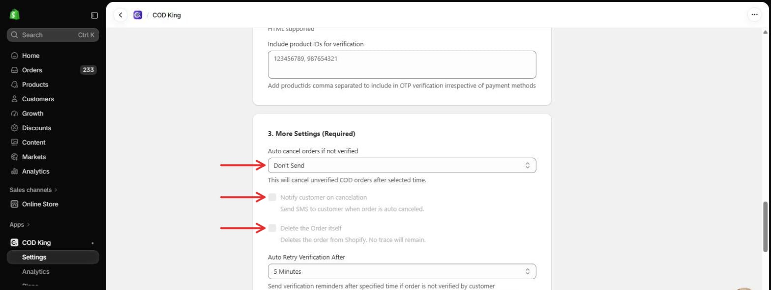 More Settings on the After Order OTP verification page