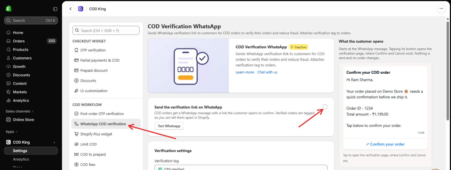 WhatsApp COD verification settings