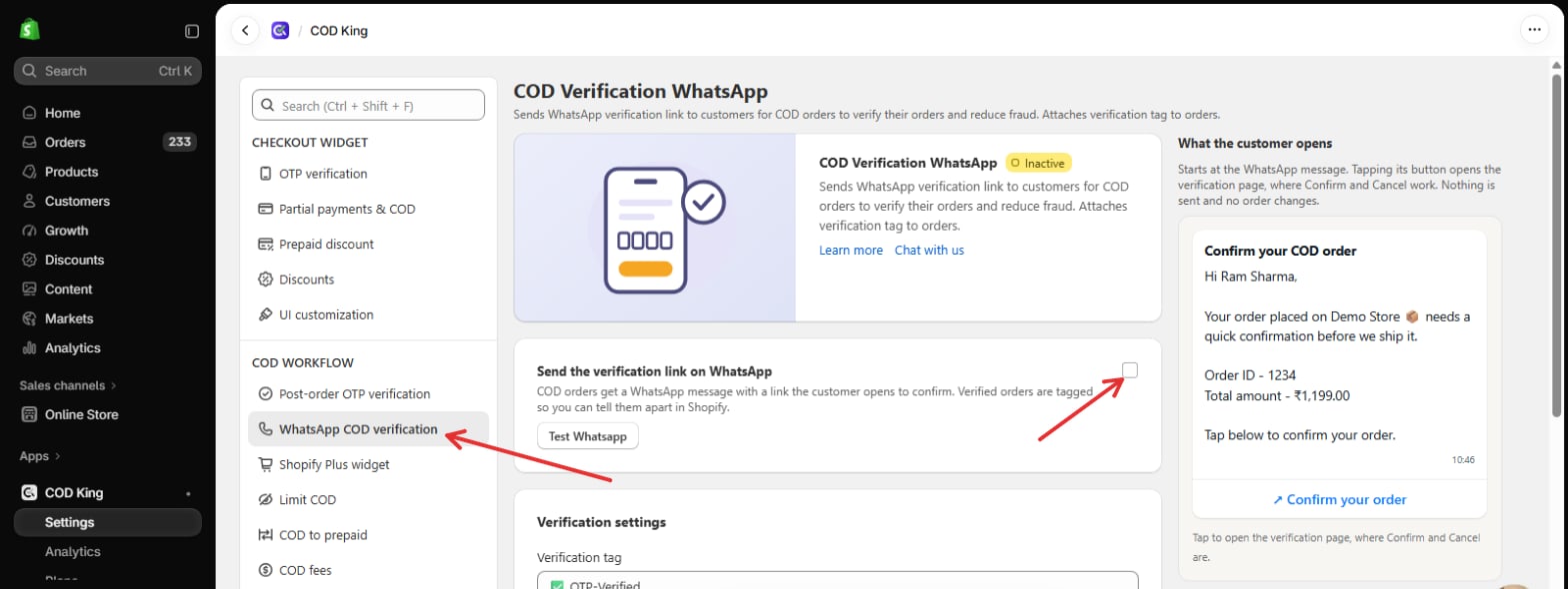 WhatsApp COD verification settings