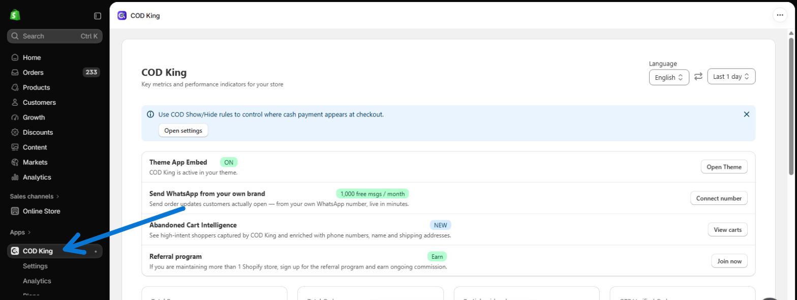 COD King in the Shopify admin sidebar