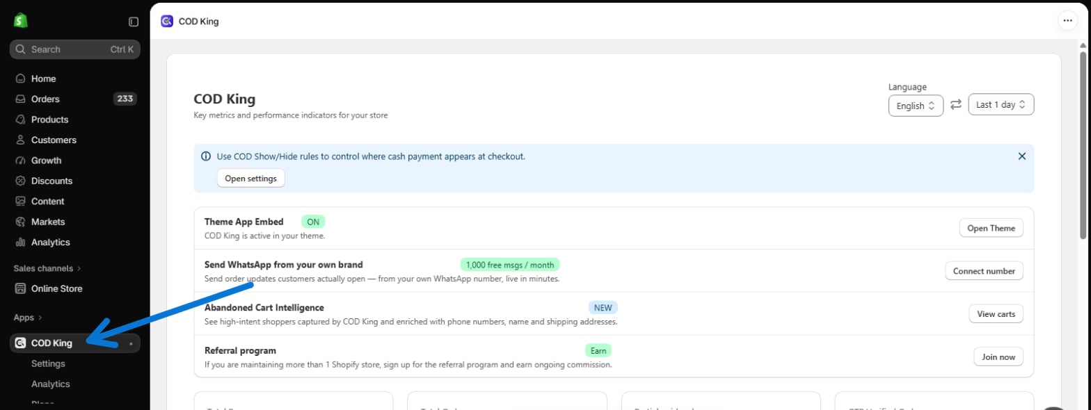 COD King in the Shopify admin sidebar