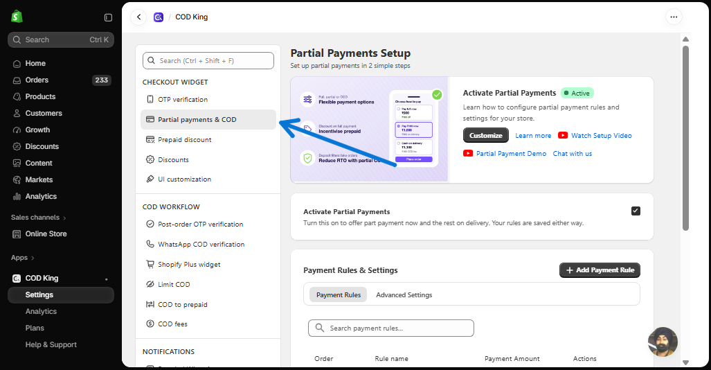 Partial payments & COD in COD King Settings