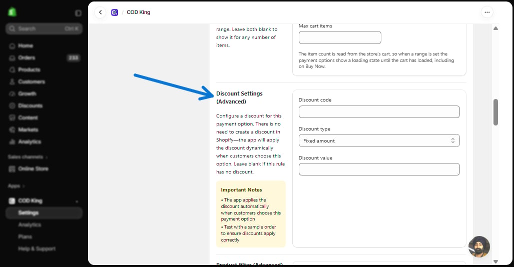 Discount Settings section
