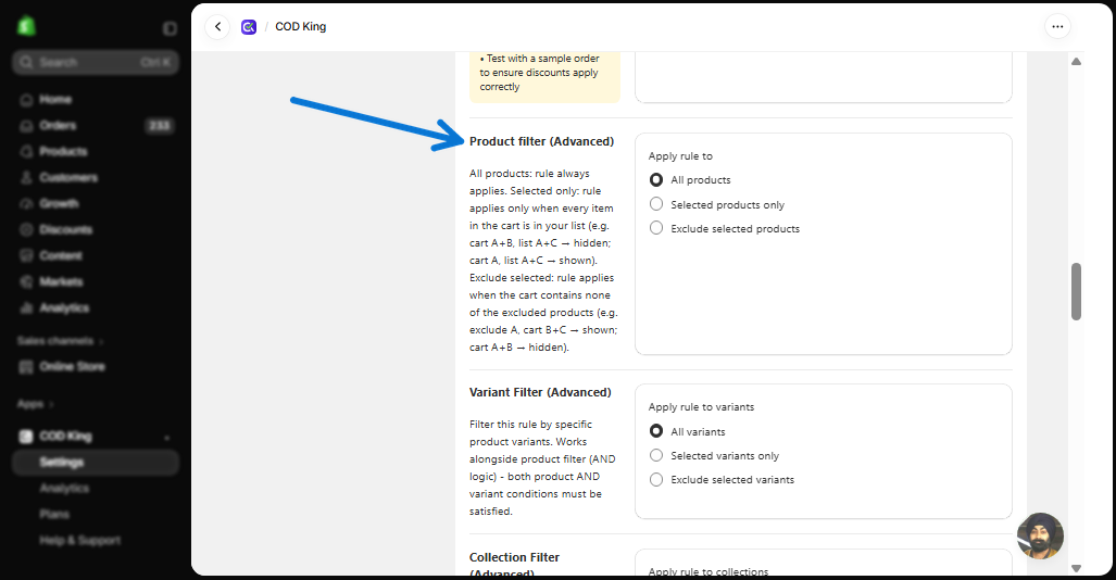 Product filter section