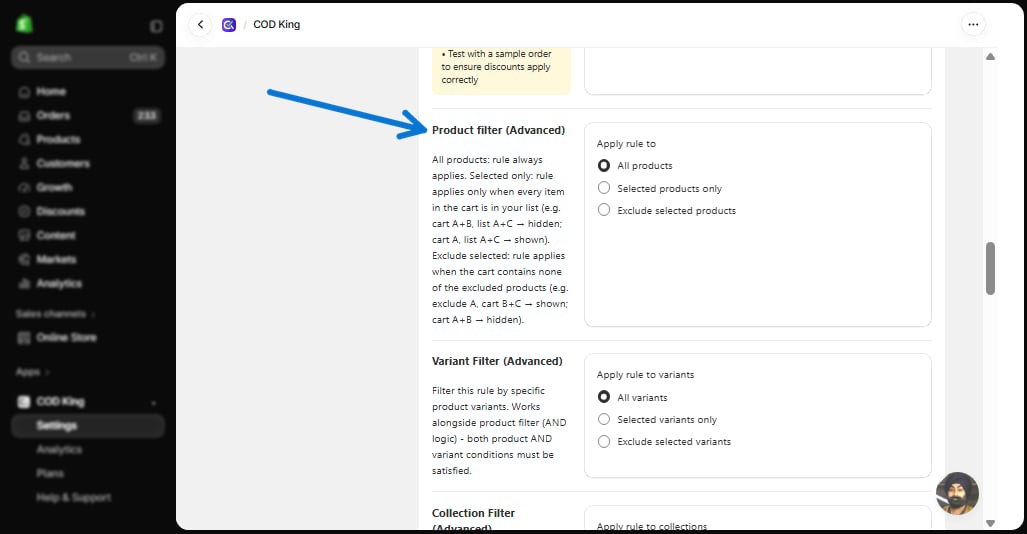 Product filter section