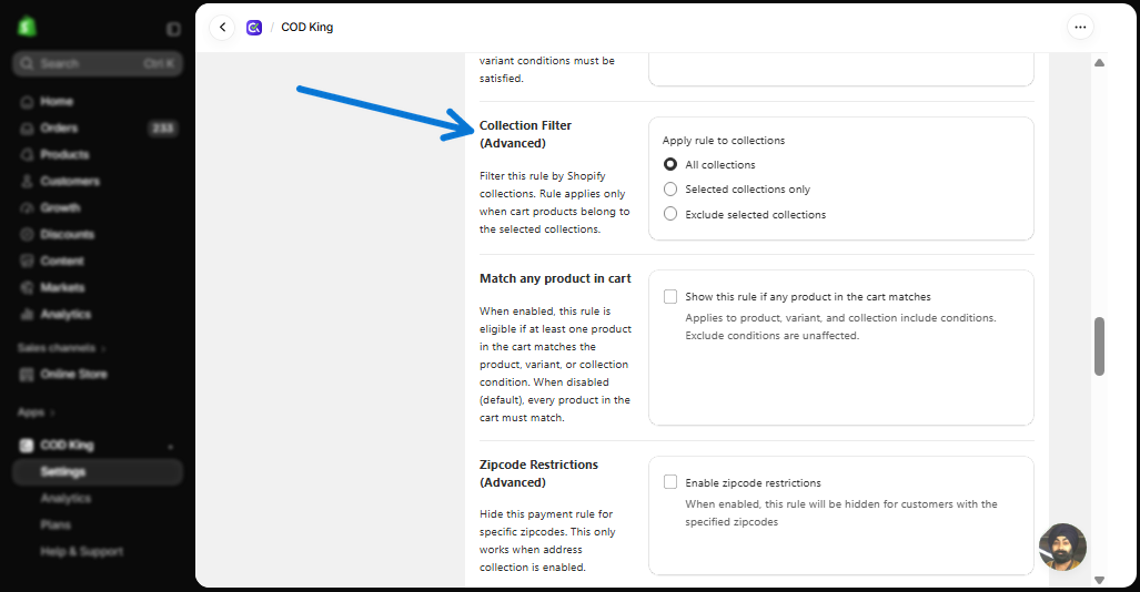 Collection Filter section