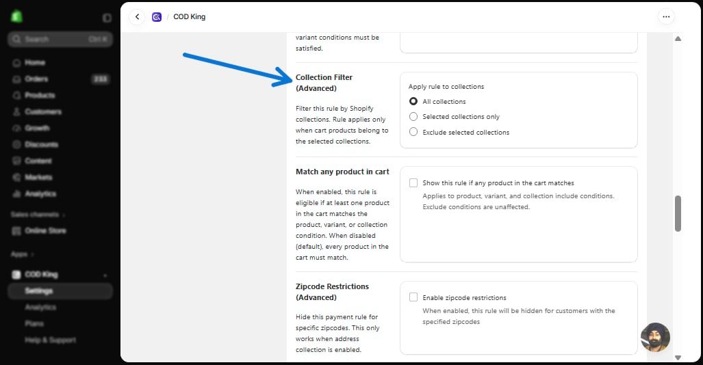 Collection Filter section