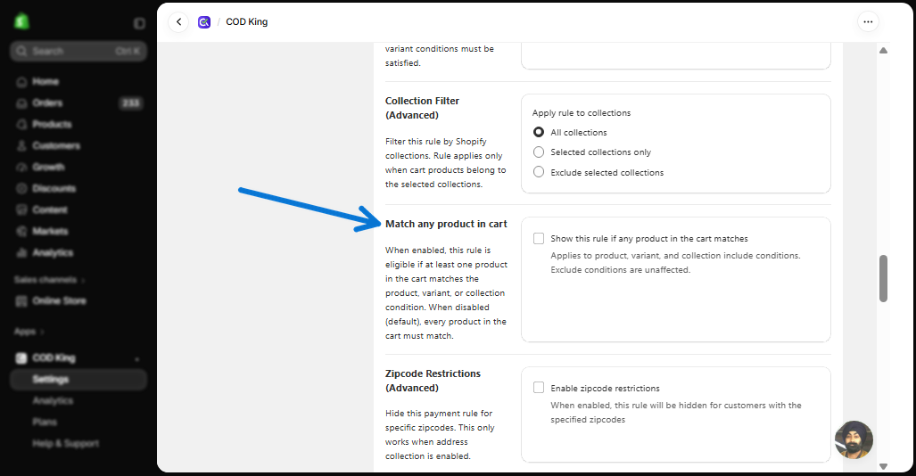 Match any product in cart section