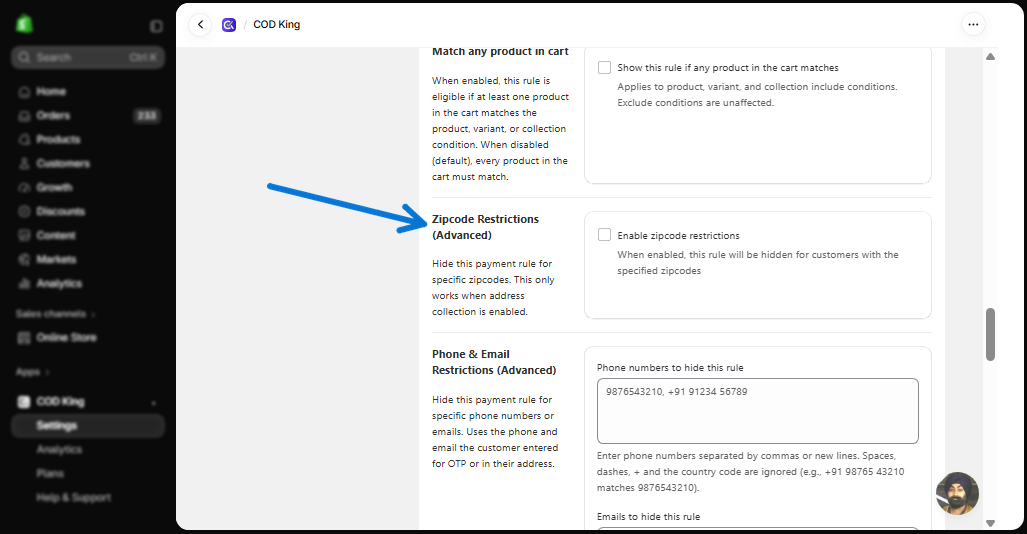 Zipcode Restrictions section