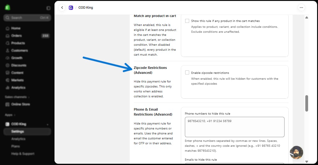 Zipcode Restrictions section