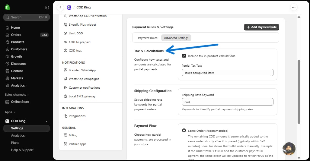 Tax & Calculations in Advanced Settings