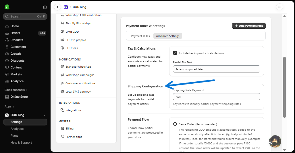 Shipping Configuration in Advanced Settings