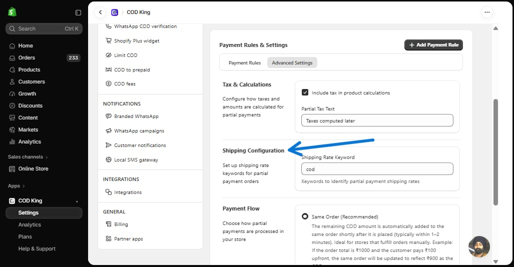 Shipping Configuration in Advanced Settings