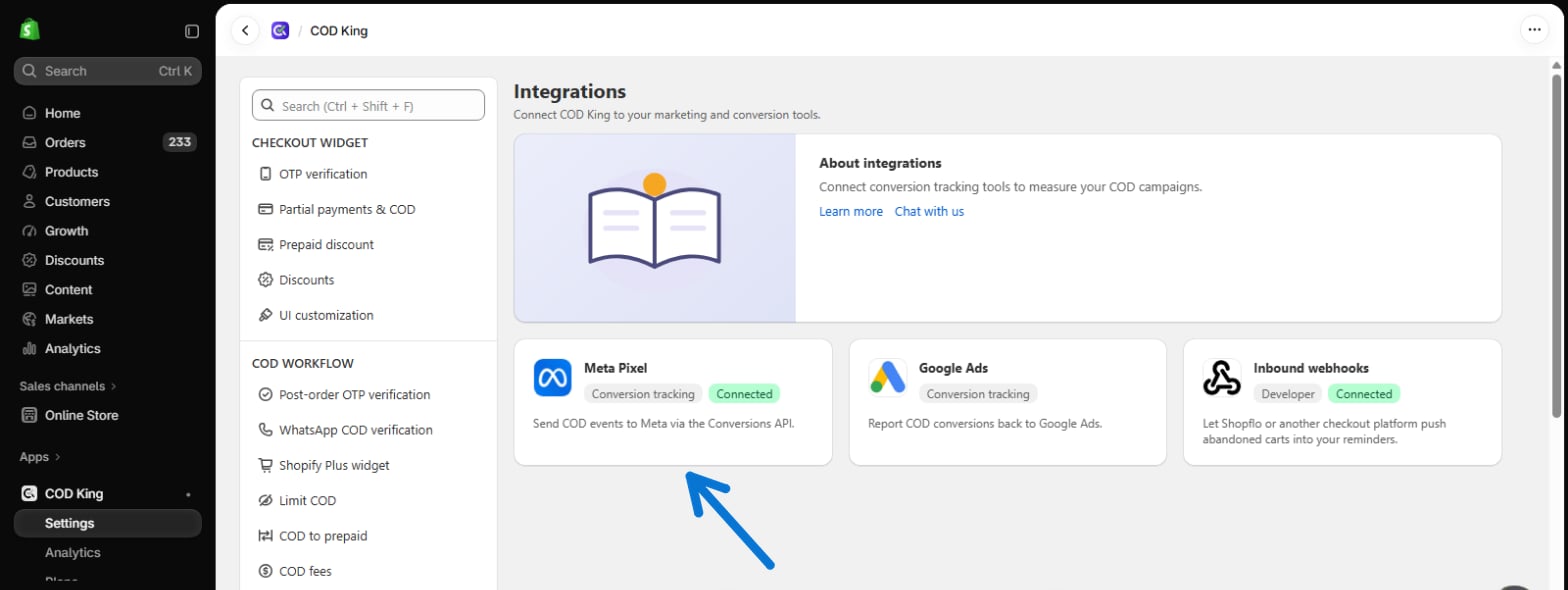 Meta Pixel card under Integrations