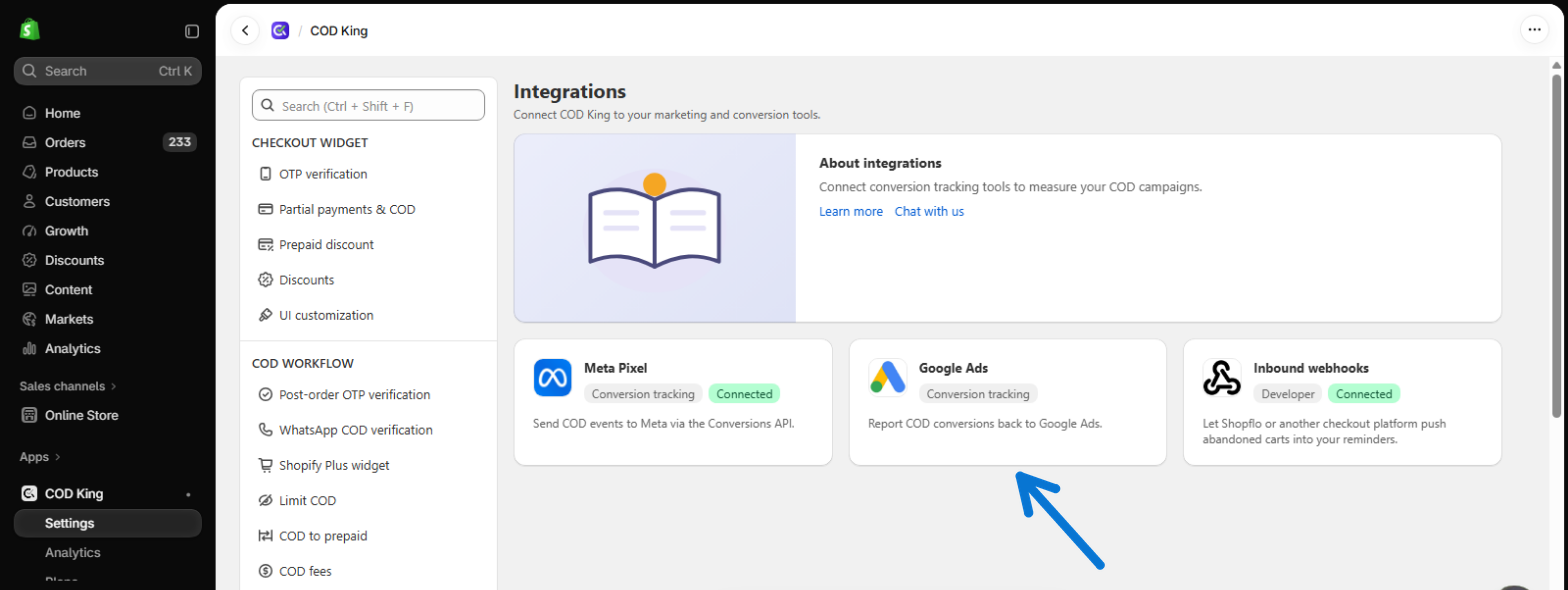 Google Ads card under Integrations