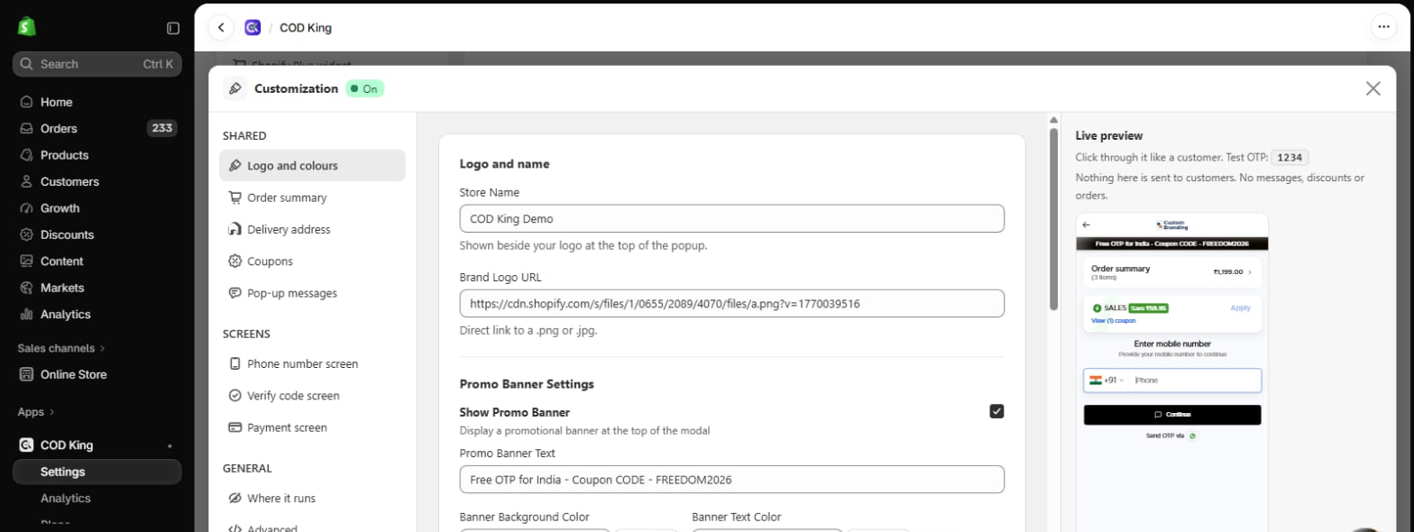 Logo and colours in the Customization panel