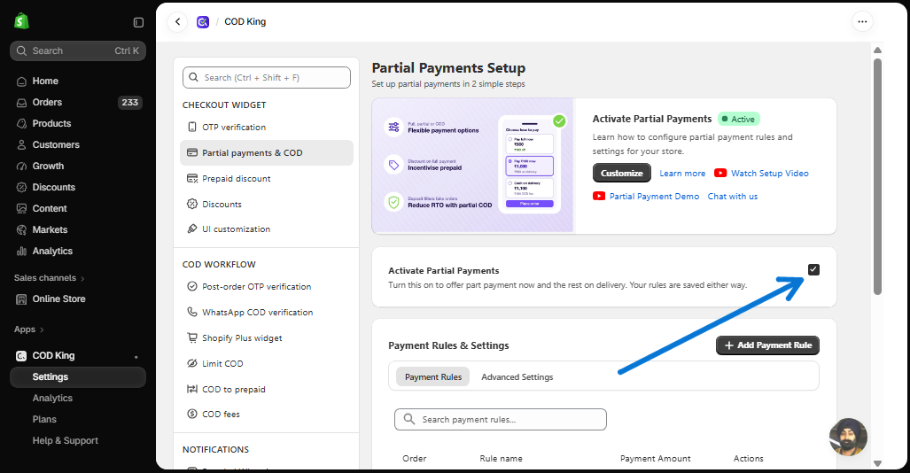 Activate Partial Payments checkbox