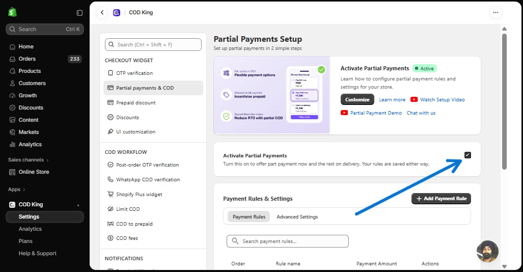 Activate Partial Payments checkbox