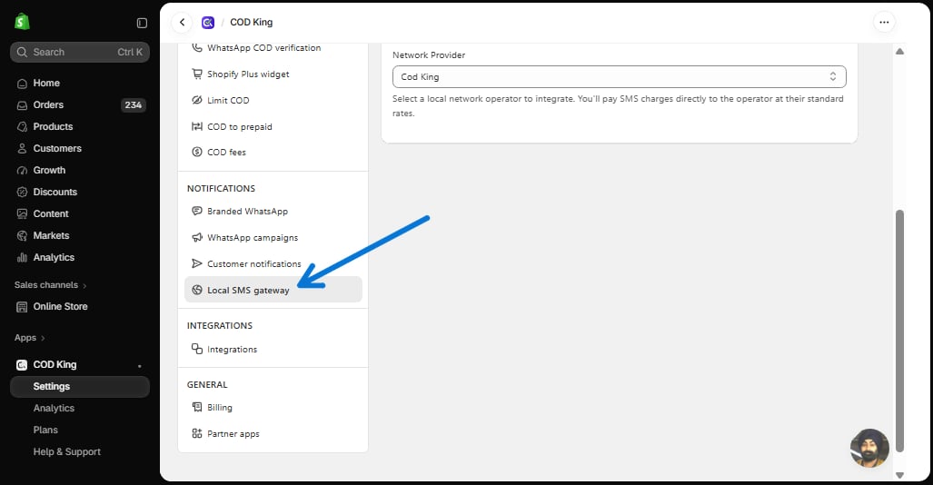 Local SMS gateway in COD King Settings