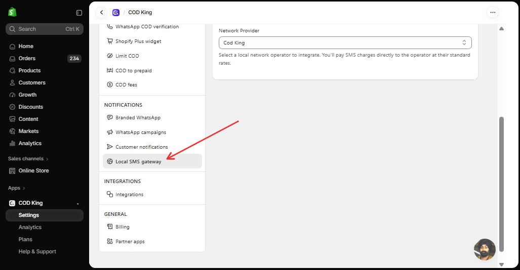 Local SMS gateway in COD King Settings