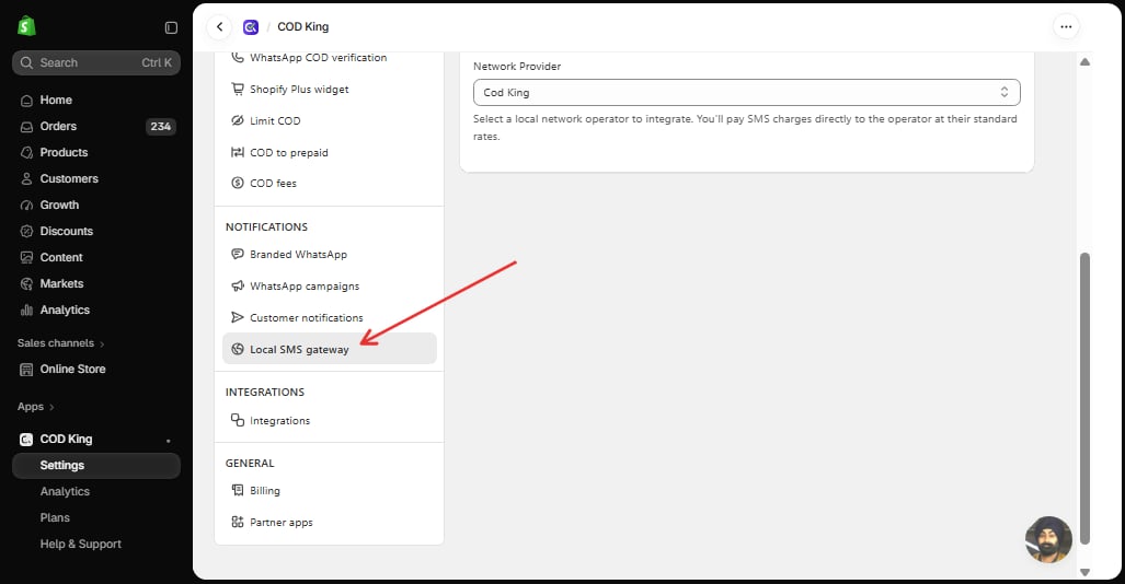 Local SMS gateway in COD King Settings