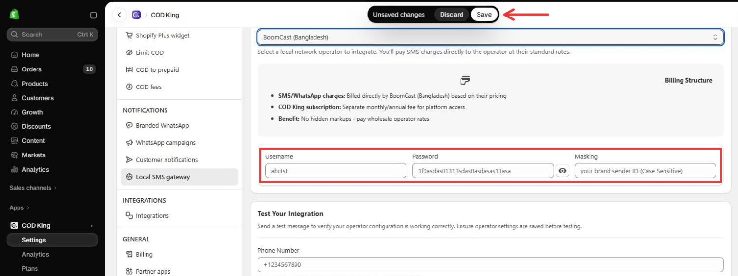 BoomCast credential fields and Save button