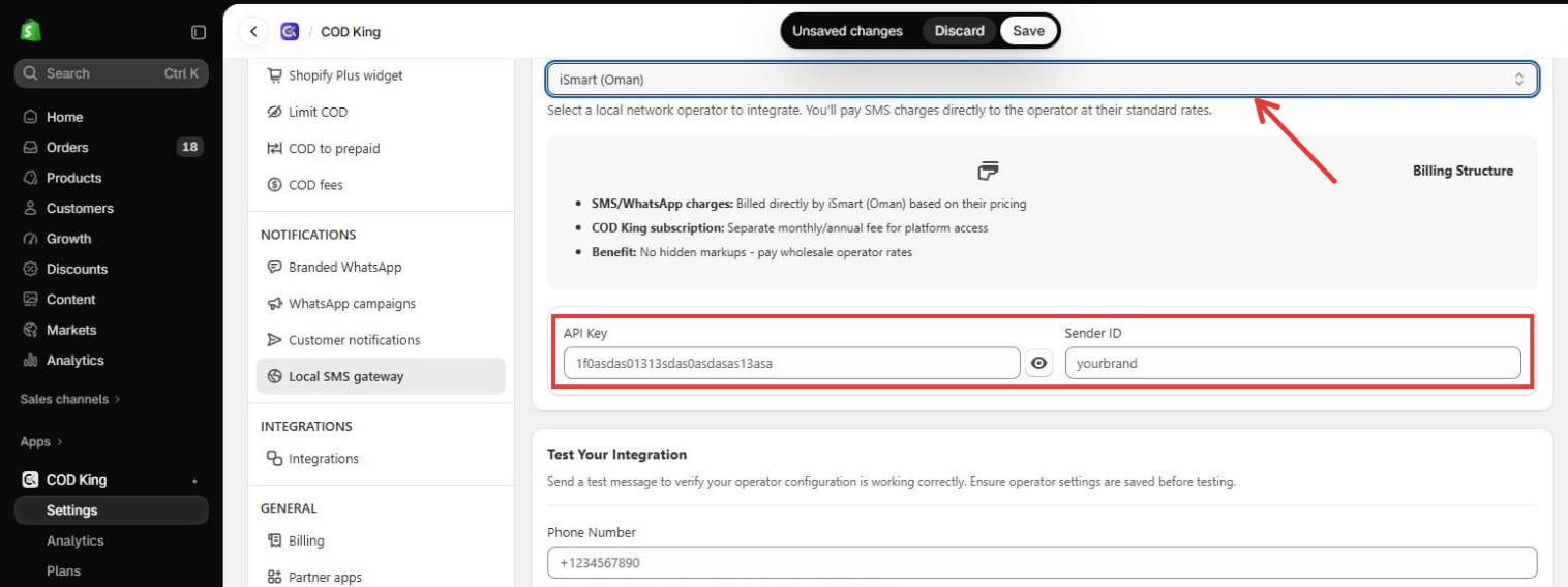 iSmart (Oman) selected with the API Key and Sender ID fields