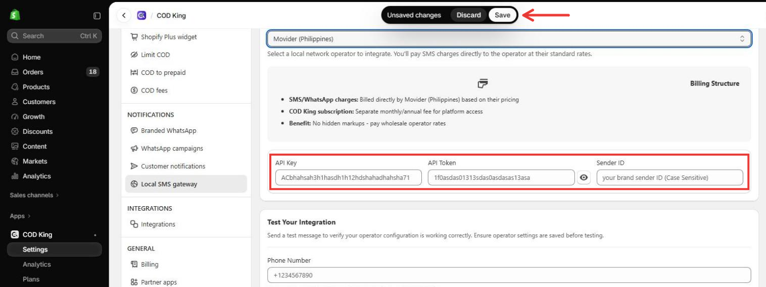 Movider credential fields and Save button