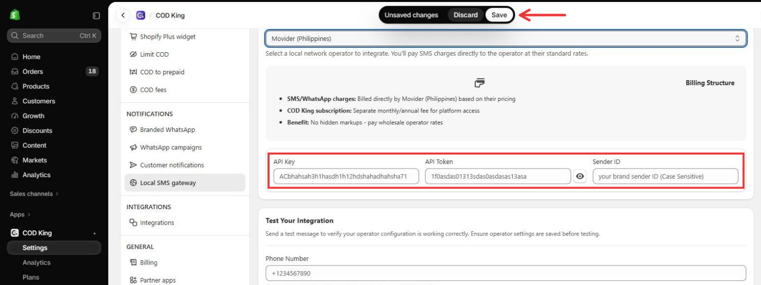 Movider credential fields and Save button