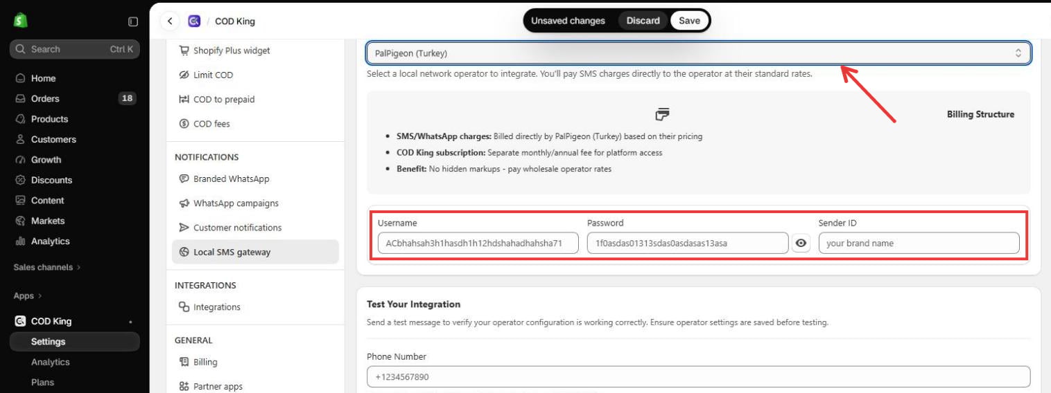 PalPigeon (Turkey) selected with the Username, Password and Sender ID fields