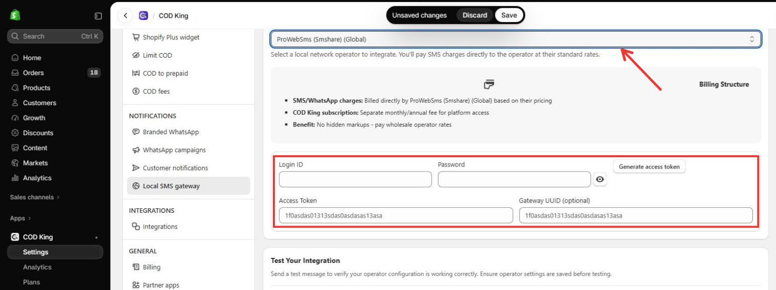 ProWebSms (Smshare) (Global) selected with its credential fields