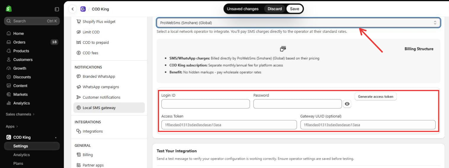 ProWebSms (Smshare) (Global) selected with its credential fields